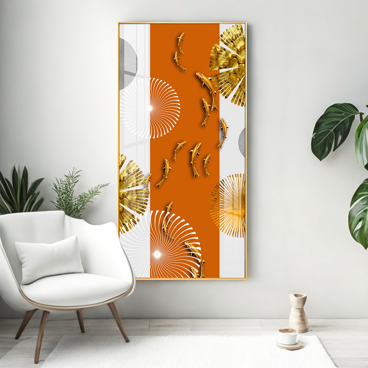 Orange And White Elegance Glass Finish Vertical Wall Art