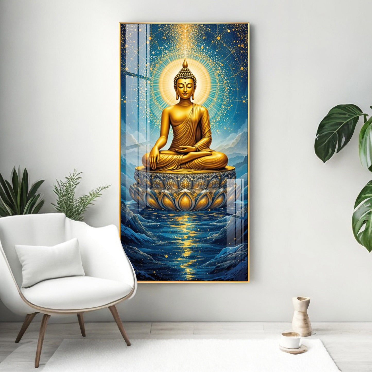 Calm Buddha In River Glass Finish Vertical Wall Art