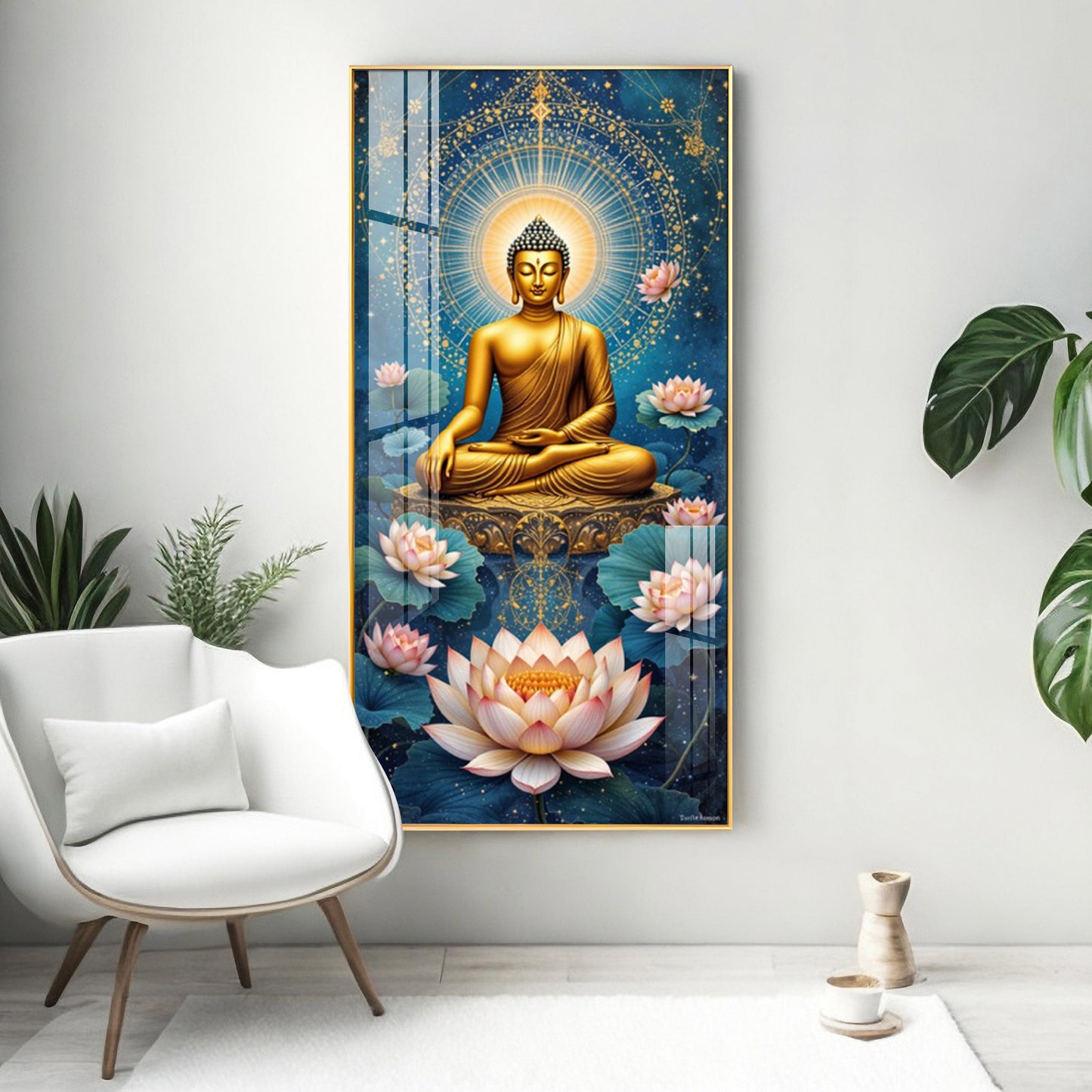 Meditating Buddha With White Lotus Glass Finish Vertical Wall Art