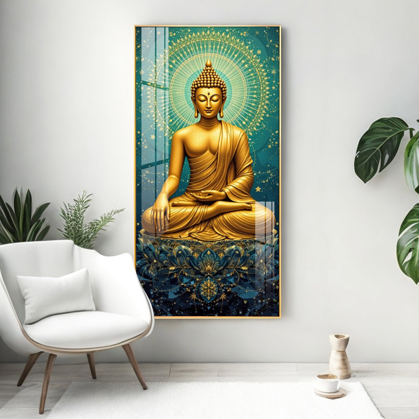 Golden Buddha's Energetic Wisdom Glass Finish Vertical Wall Art