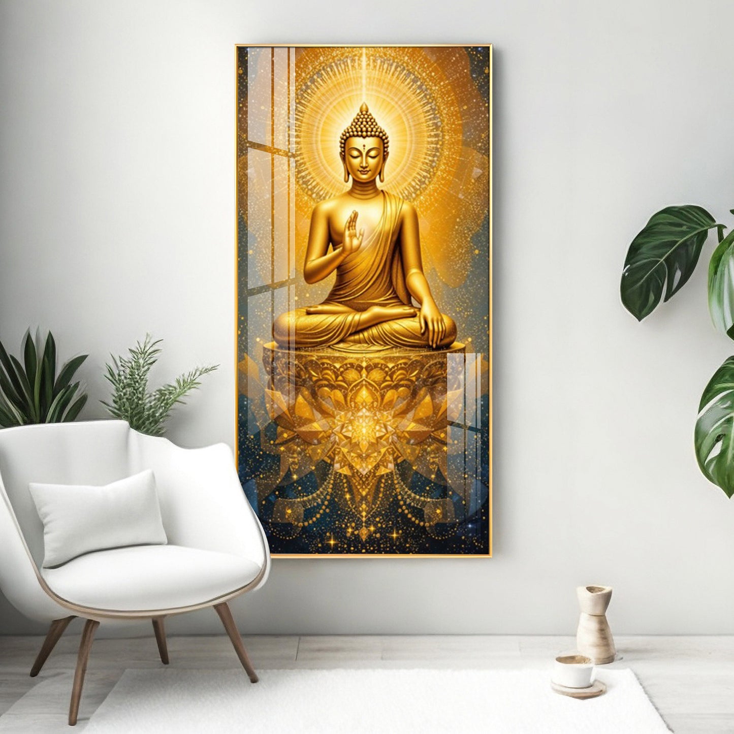 Golden Budha's Aura Glass Finish Vertical Wall Art