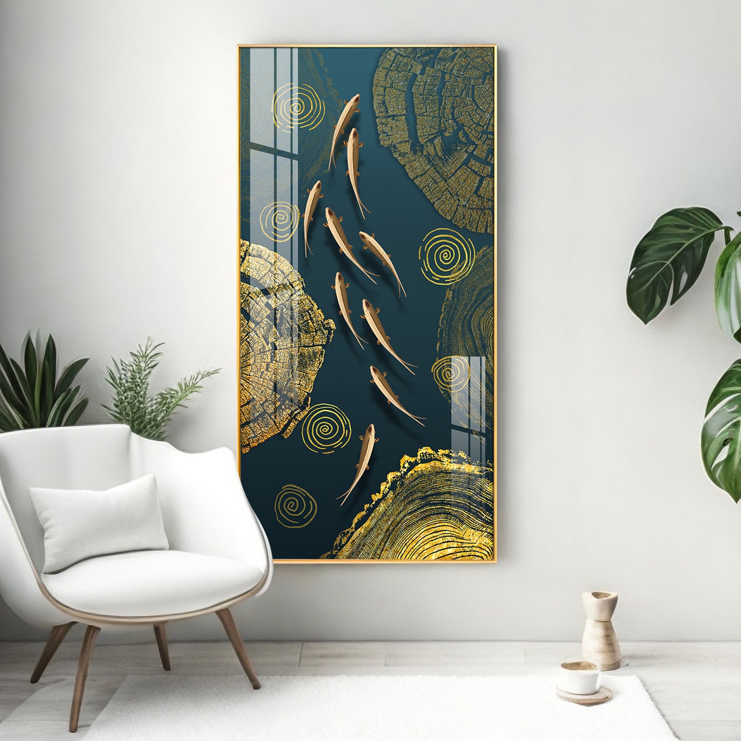 Green Koi Fishes Glass Finish Vertical Wall Art