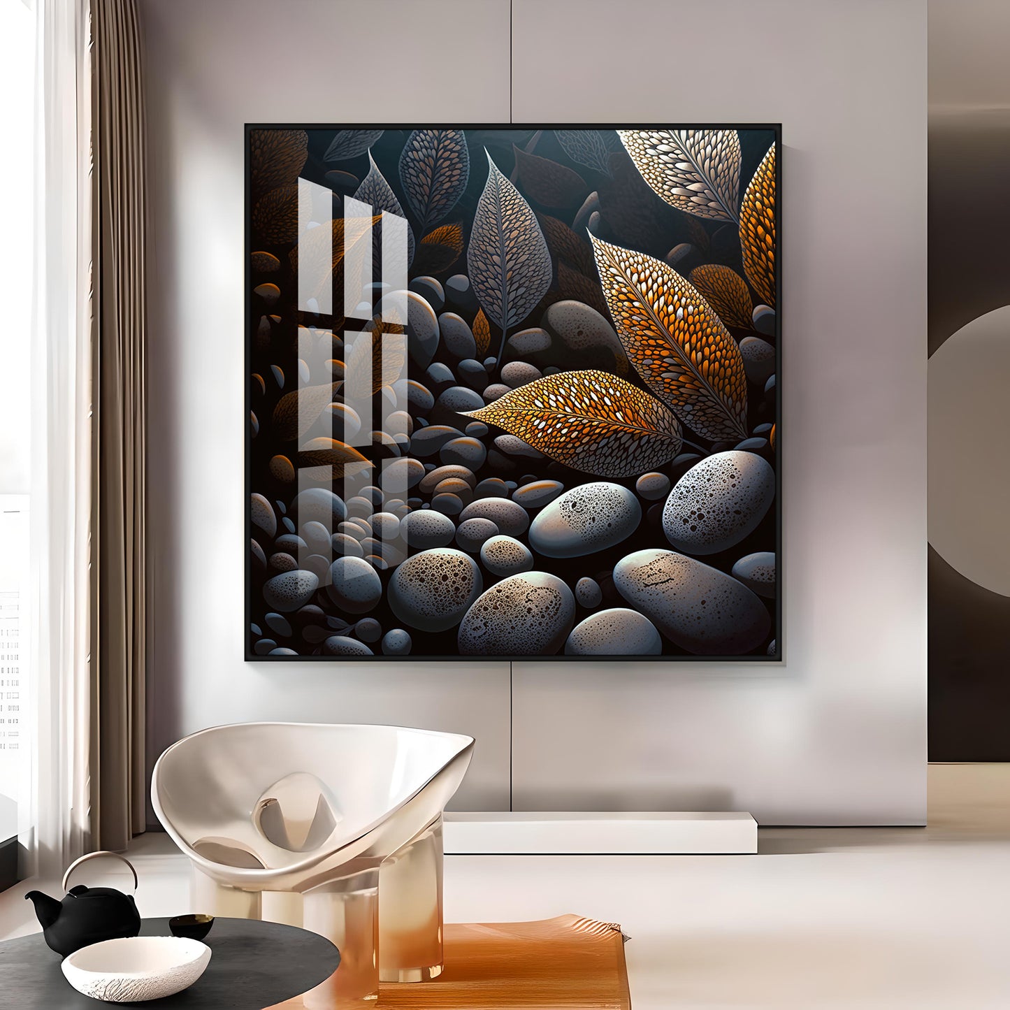 Leaves and Stones Glass Finish Square Wall Art