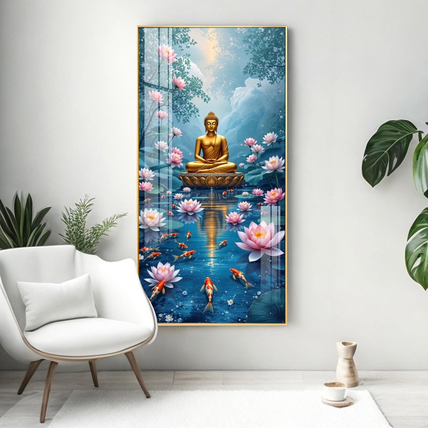 Meditating Budha With Lotus Glass Finish Vertical Wall Art