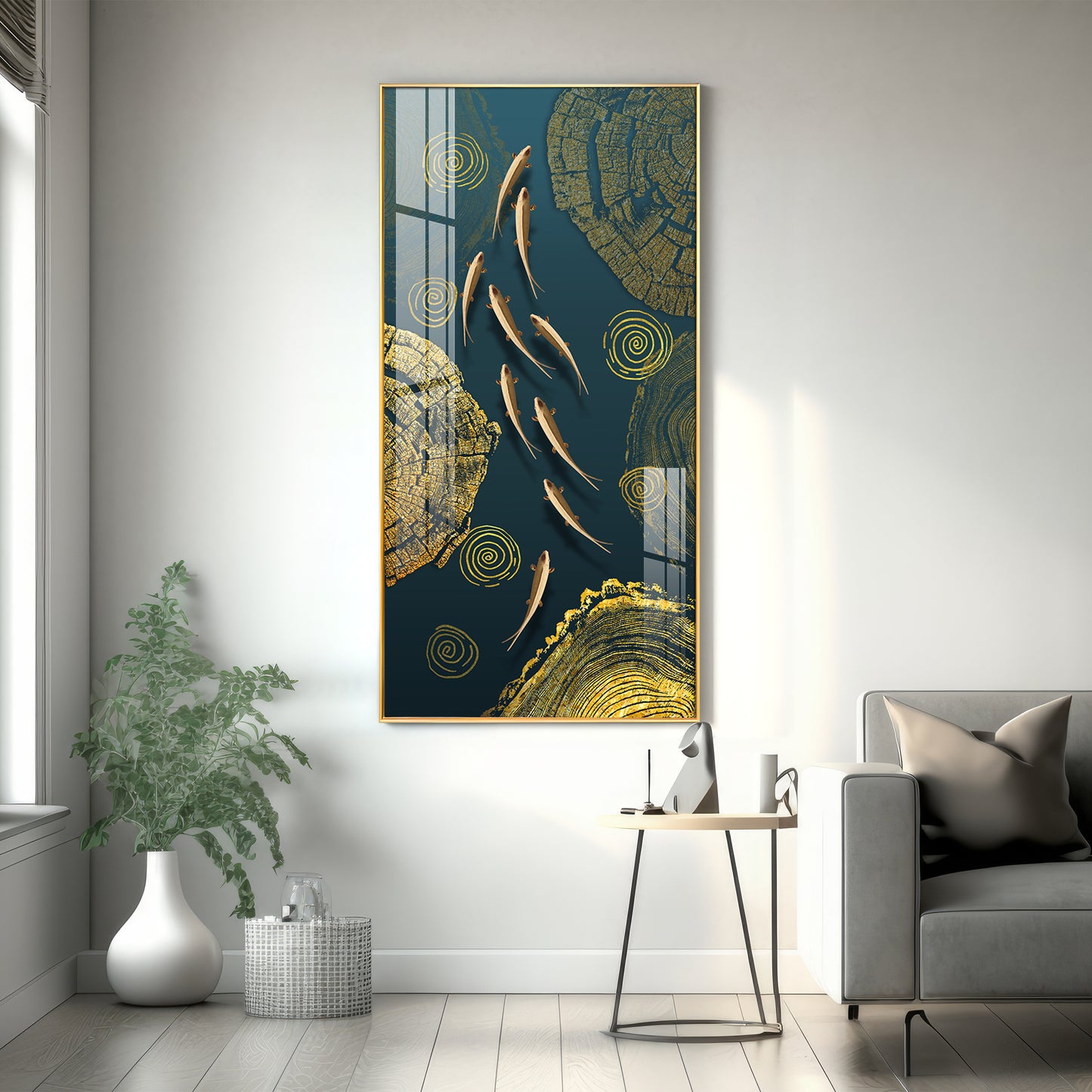 Green Koi Fishes Glass Finish Vertical Wall Art