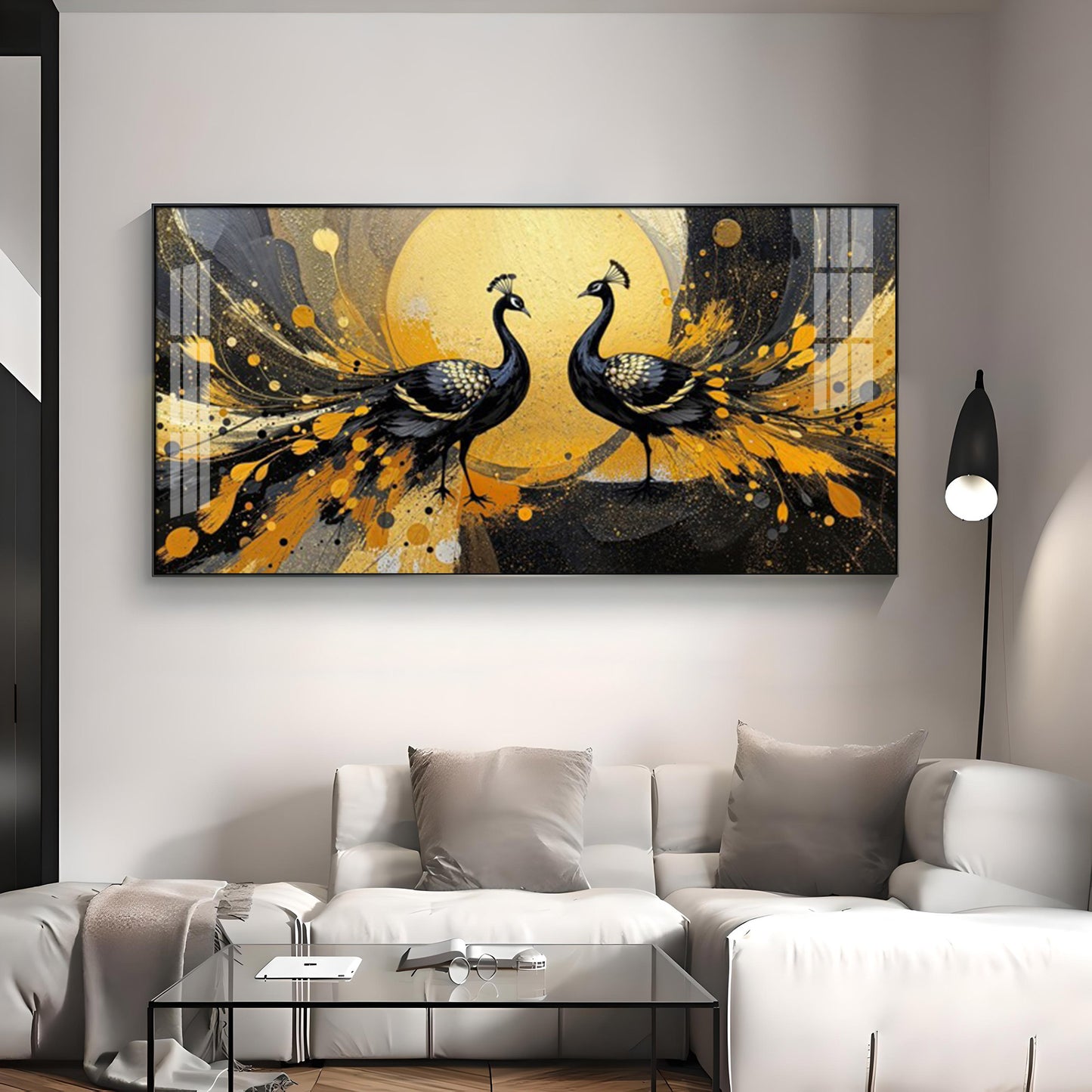 Abstract Two Peacock Looking Each Other Glass Finish Horizontal Wall Art