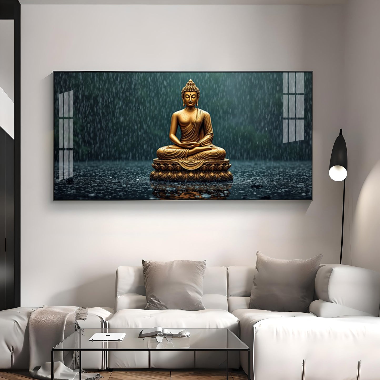 Golden Calm Budha Glass Finish Horizontal Wall Art