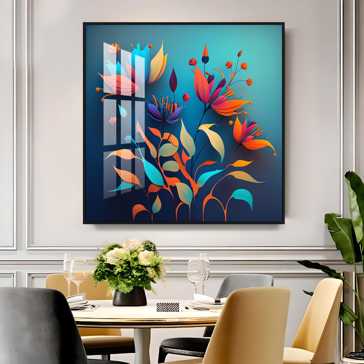 Shadowed Blooms Glass Finish Square Wall Art