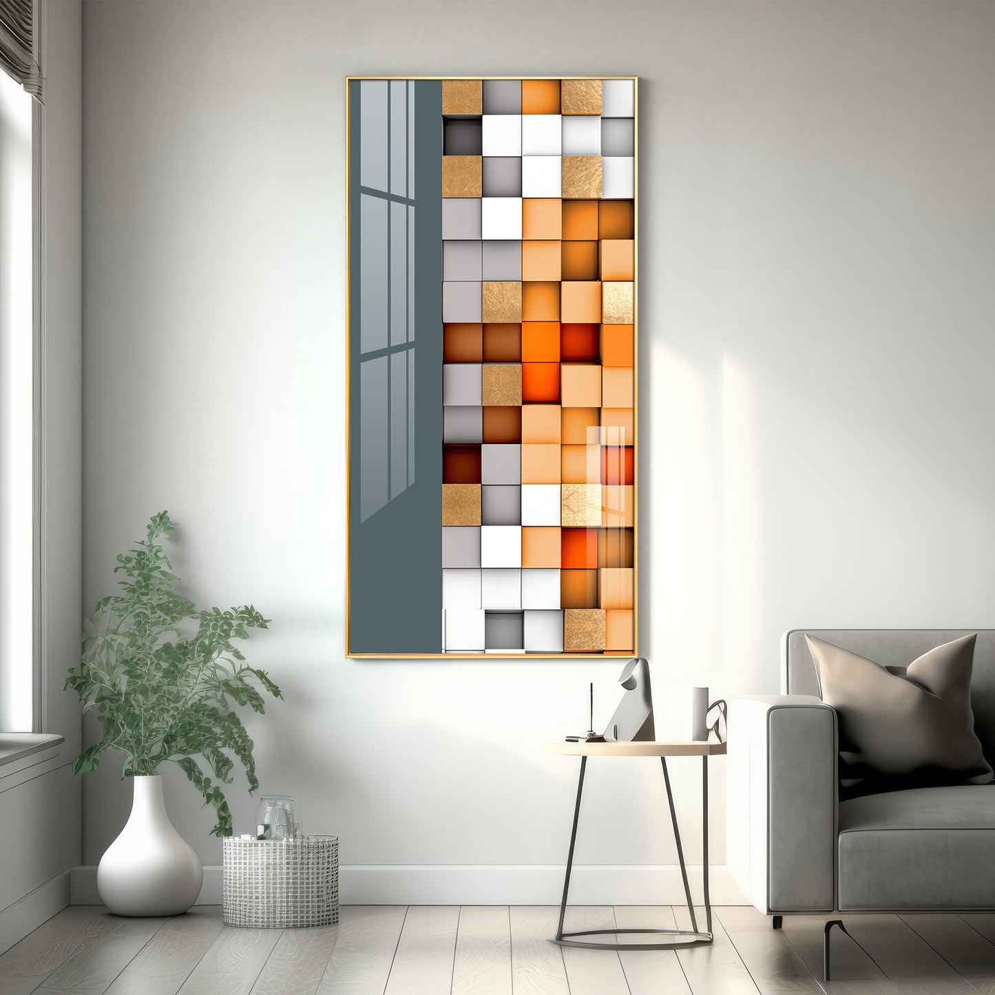 Multiple Abstract Blocks Glass Finish Vertical Wall Art