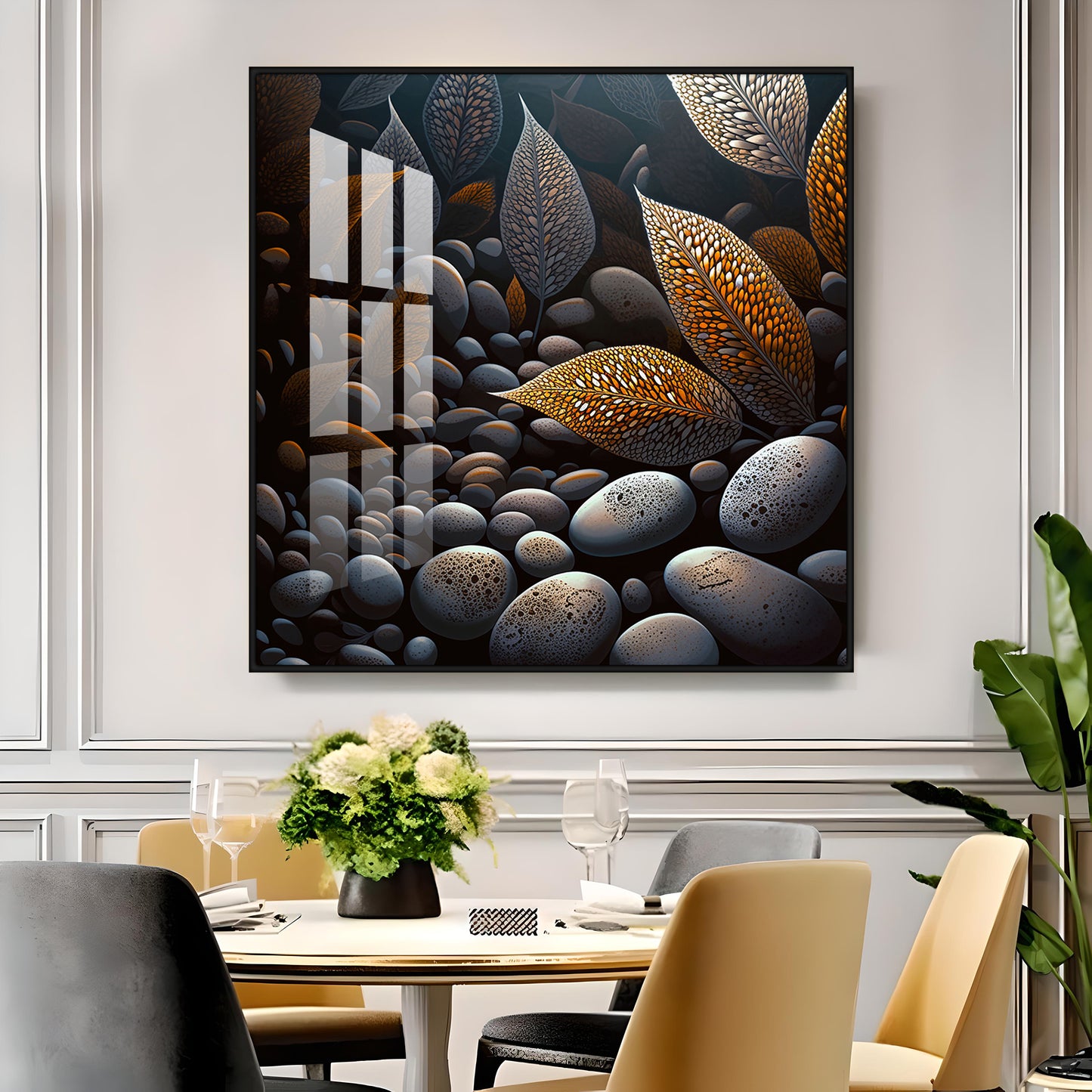 Leaves and Stones Glass Finish Square Wall Art