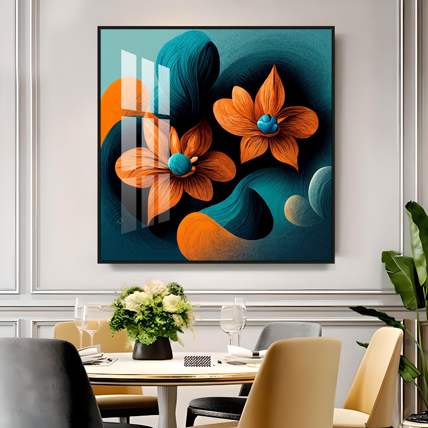Orange and Blue Blossom Fusion Glass Finish Square Wall Art