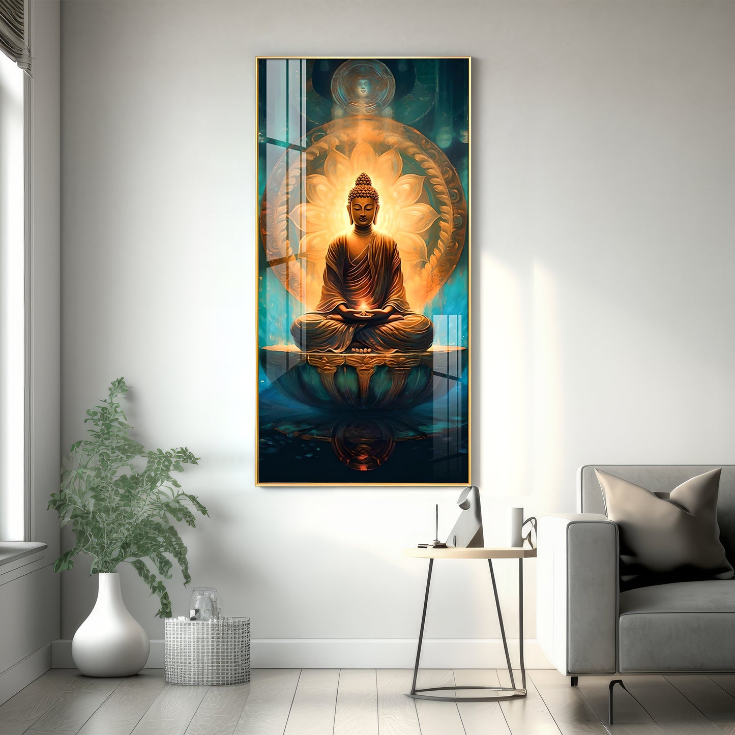 Buddha's Peaceful Retreat Glass Finish Vertical Wall Art