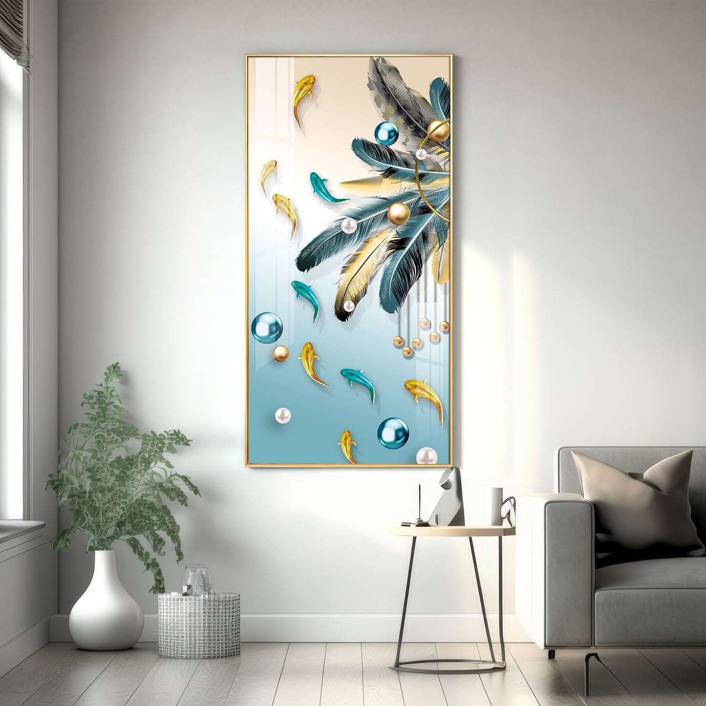 Majestic Blue-Gold Bird Glass Finish Vertical Wall Art