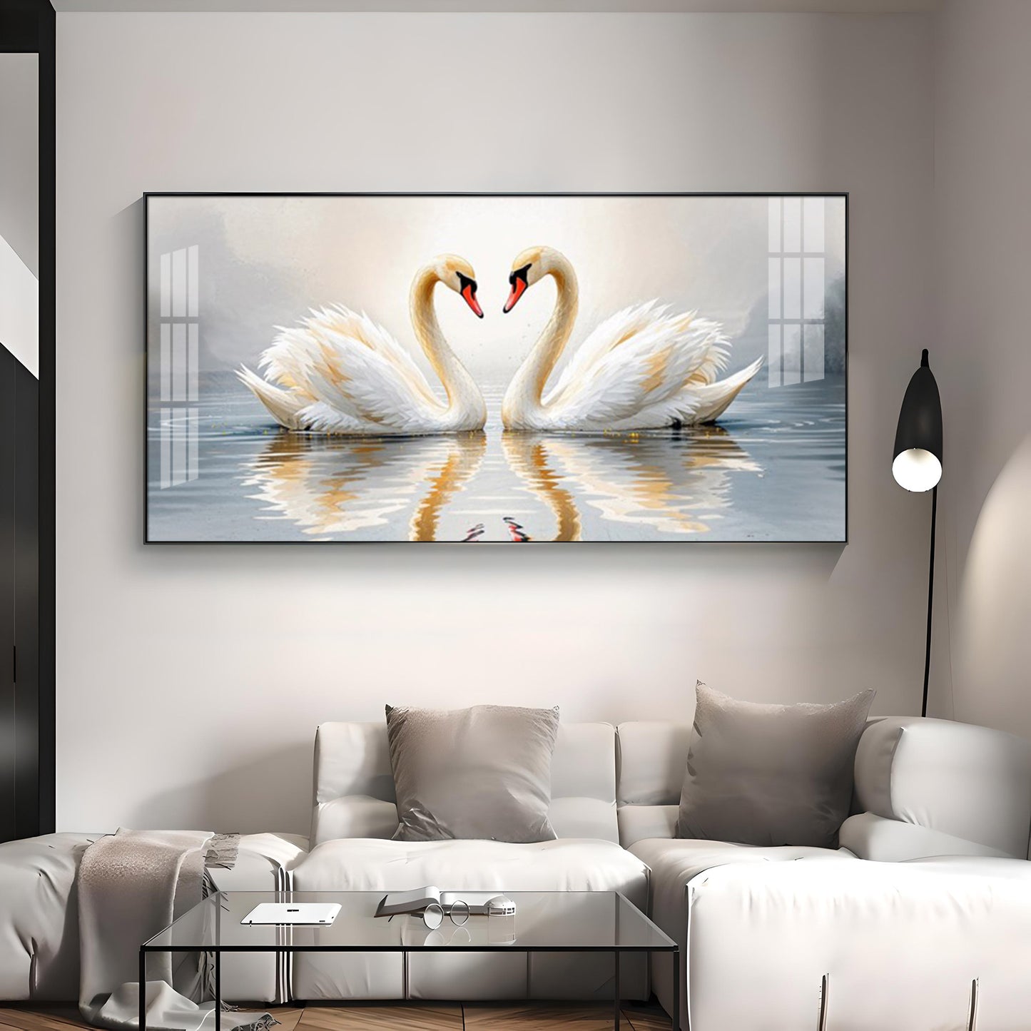 Two White Swan Glass Finish Horizontal Wall Art
