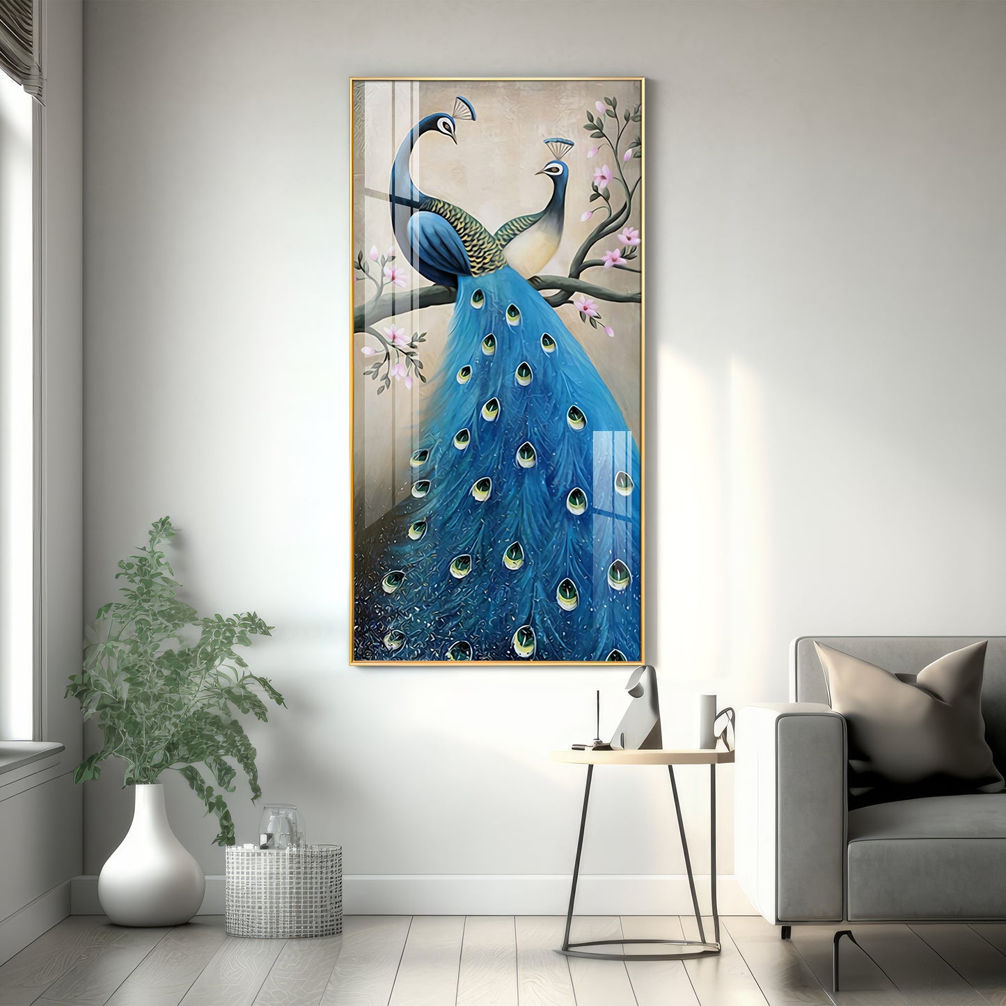 Dual Peacock Serenity Glass Finish Vertical Wall Art