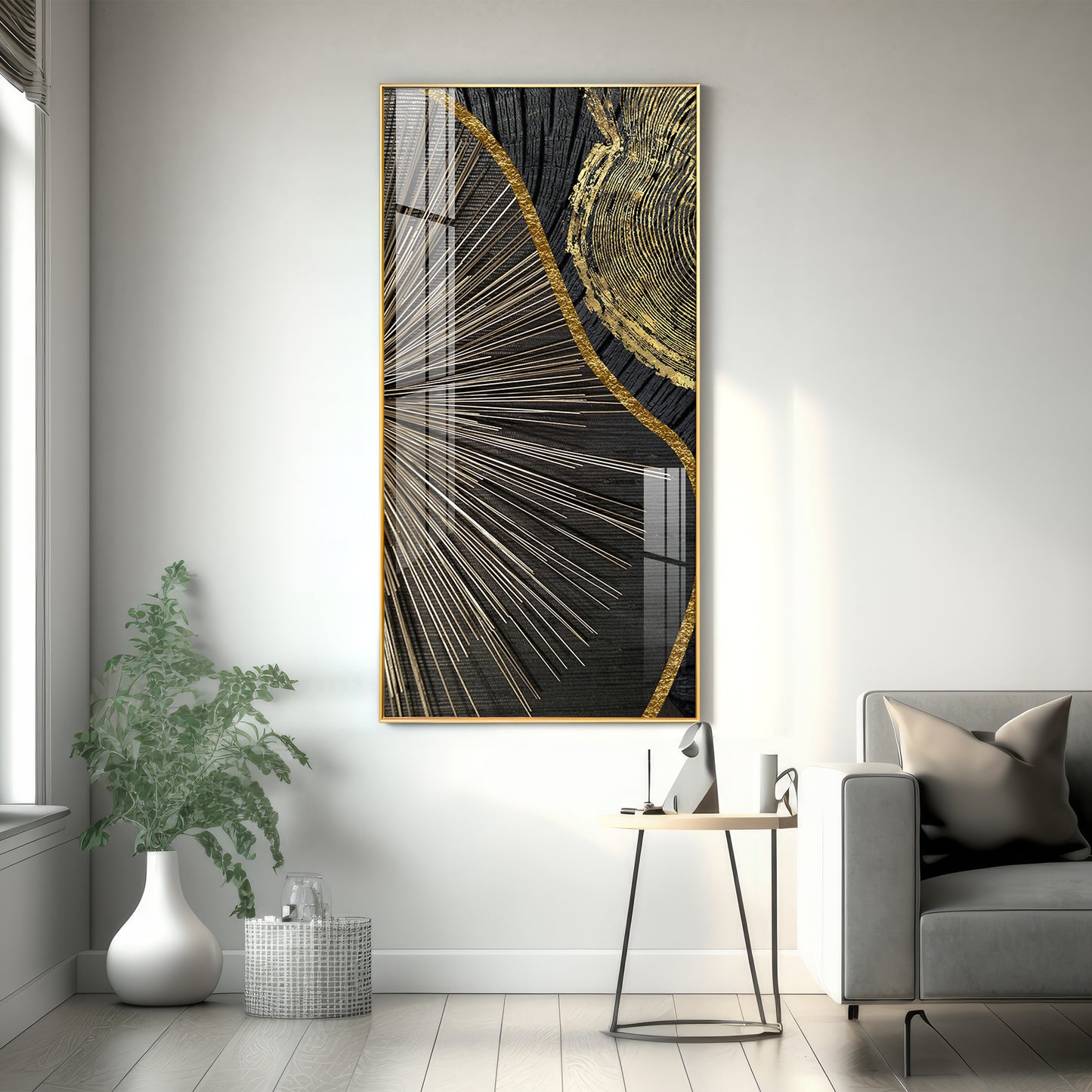 Golden Abyss Glass Finish Vertical Wall Art