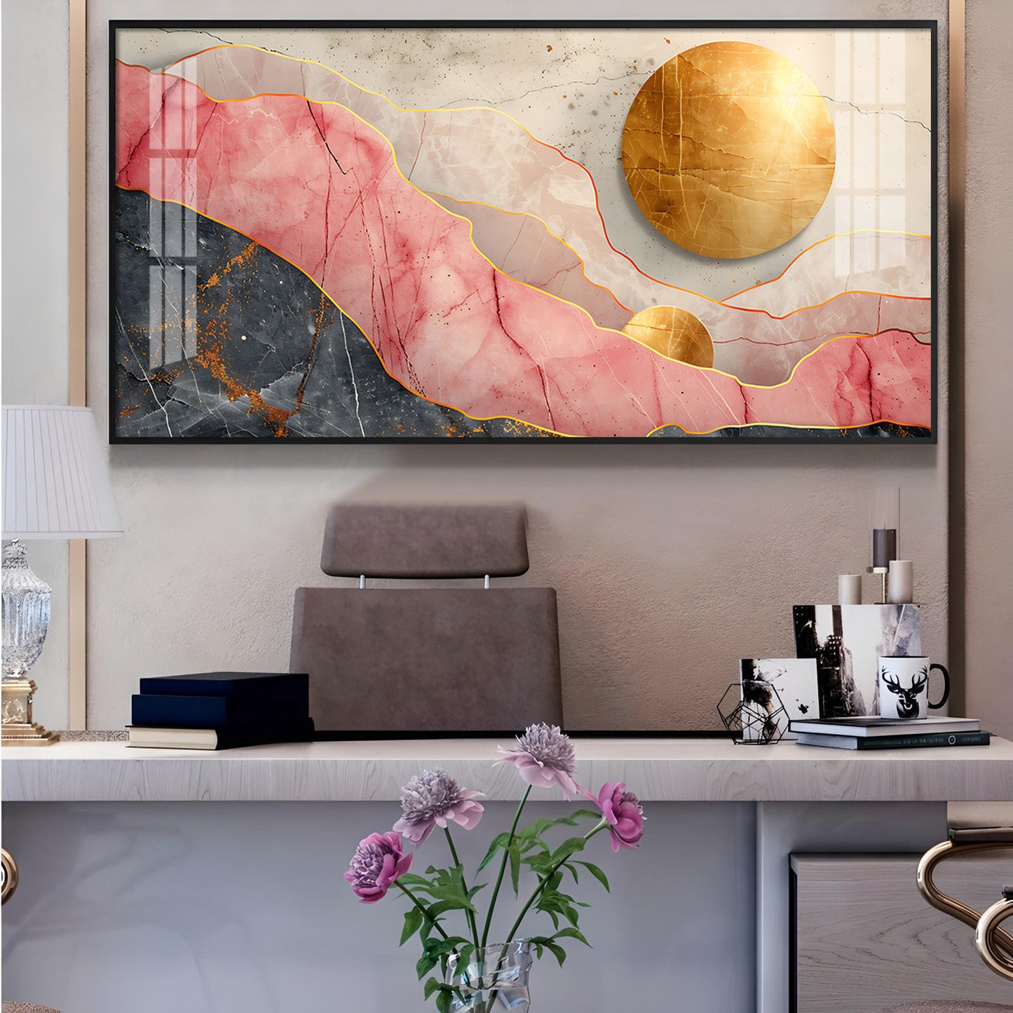 Pink and Gold Marble Stone Texture Glass Finish Horizontal Wall Art