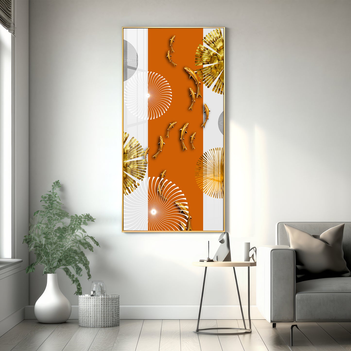 Orange And White Elegance Glass Finish Vertical Wall Art