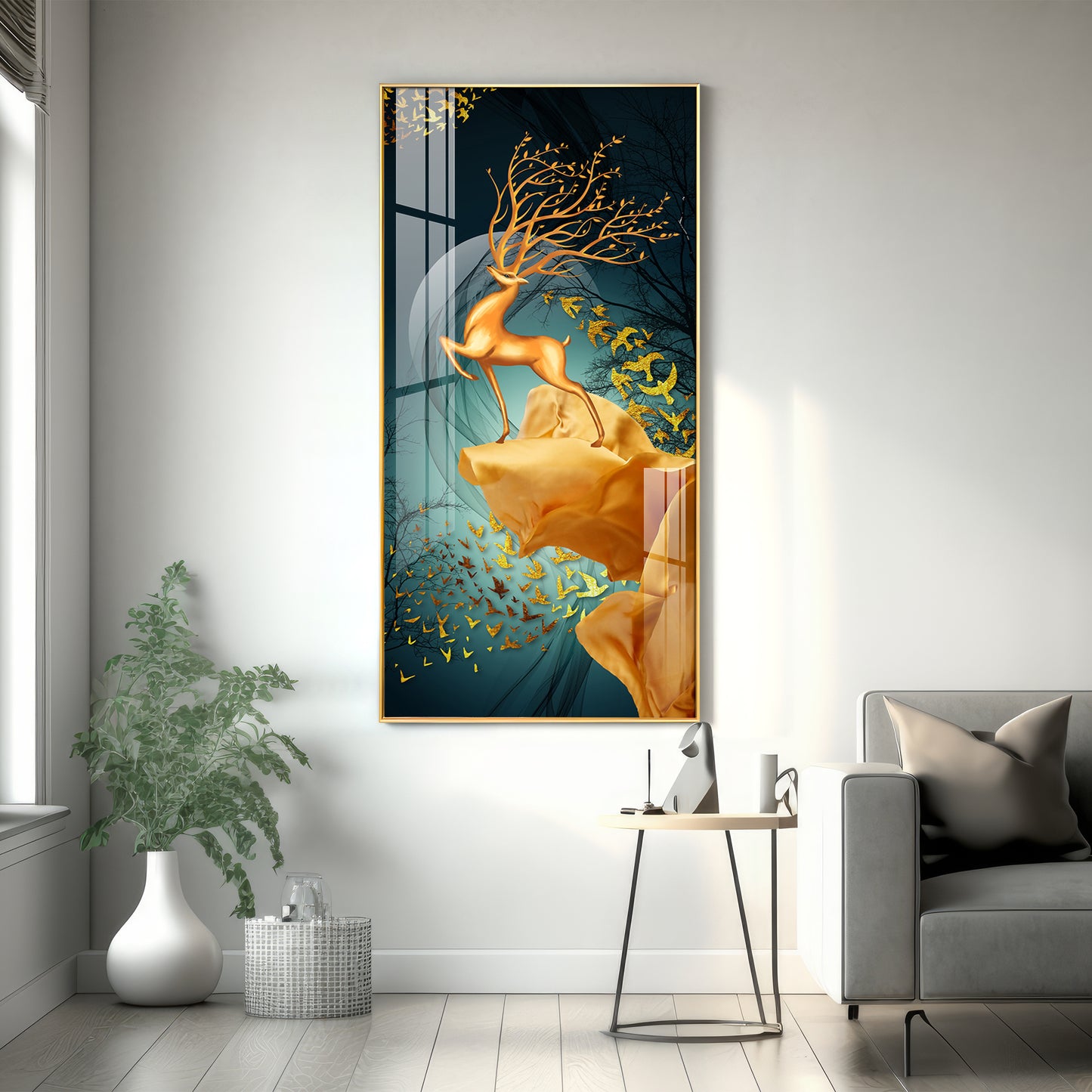 Golden Deer Jumping Glass Finish Vertical Wall Art