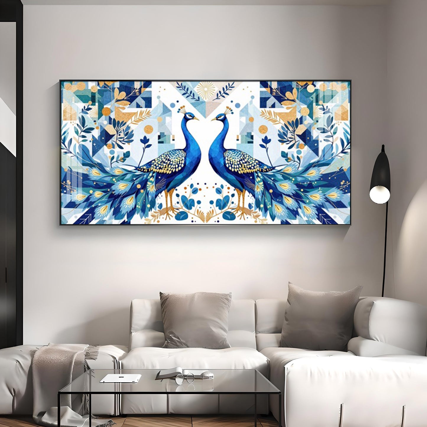 Two Peacock Looking Each Other Glass Finish Horizontal Wall Art
