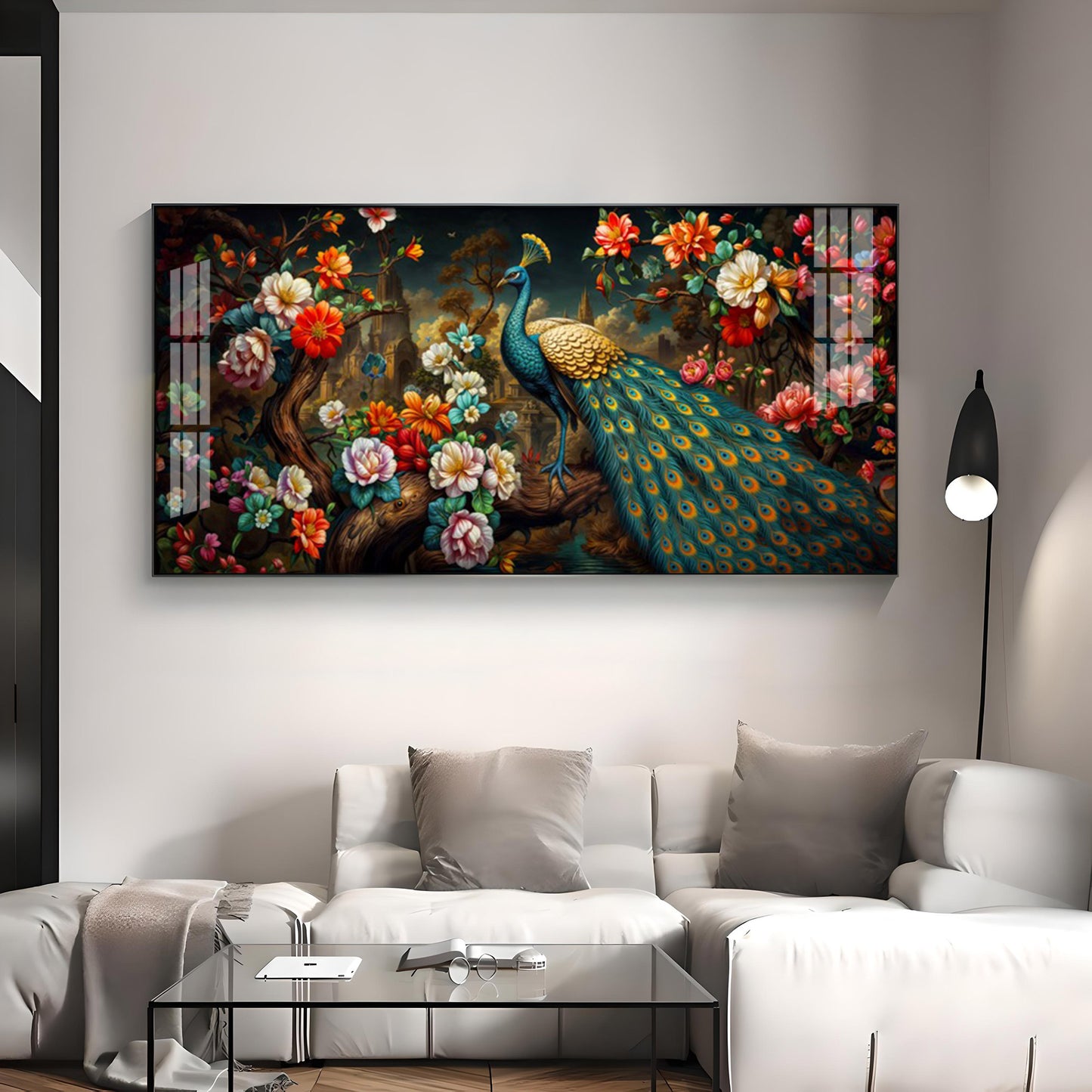 Peacock In Colorful Blossom Glass Finish Horizontal Wall Art