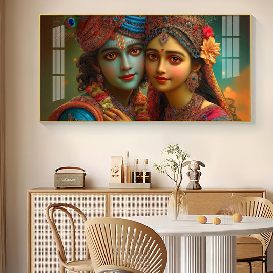 Lord Shri Radha And Krishna Loving Glass Finish Horizontal Wall Art