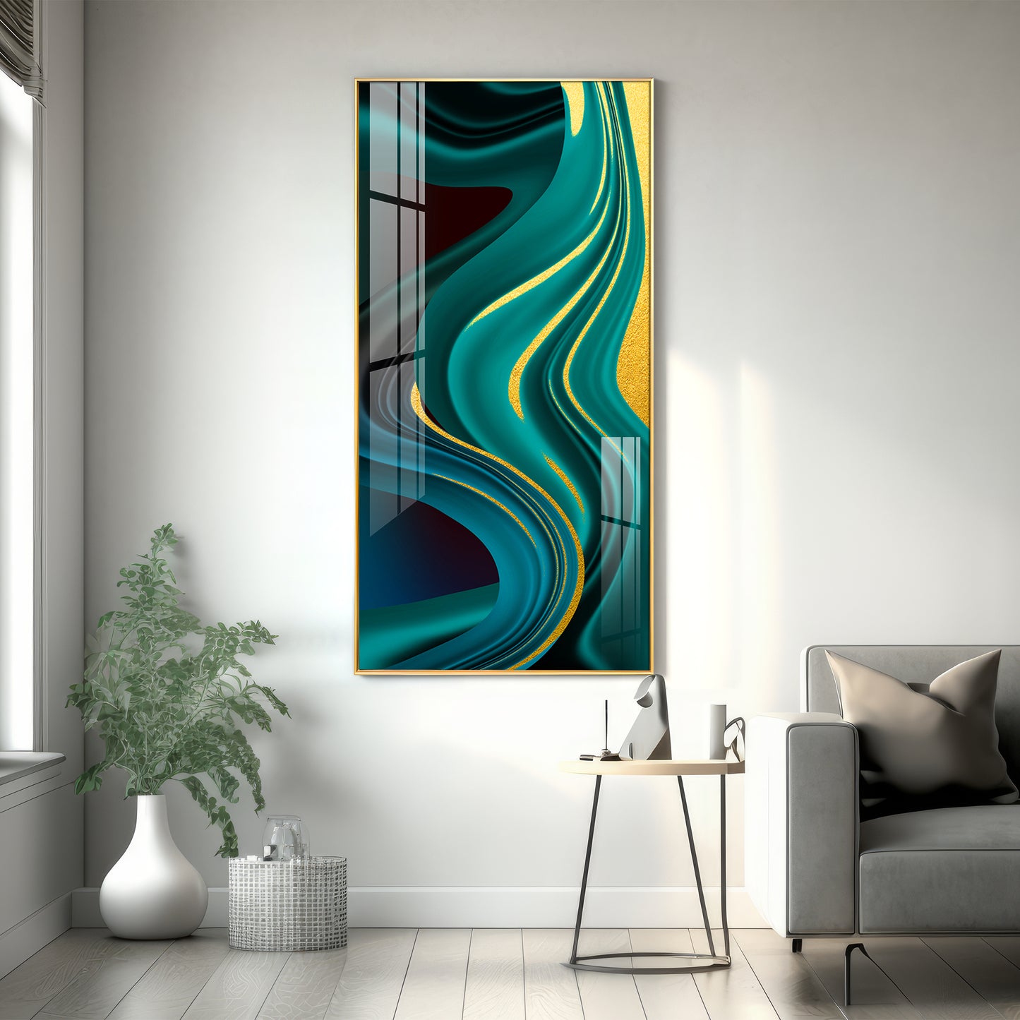 Green Abstract Art Glass Finish Vertical Wall Art