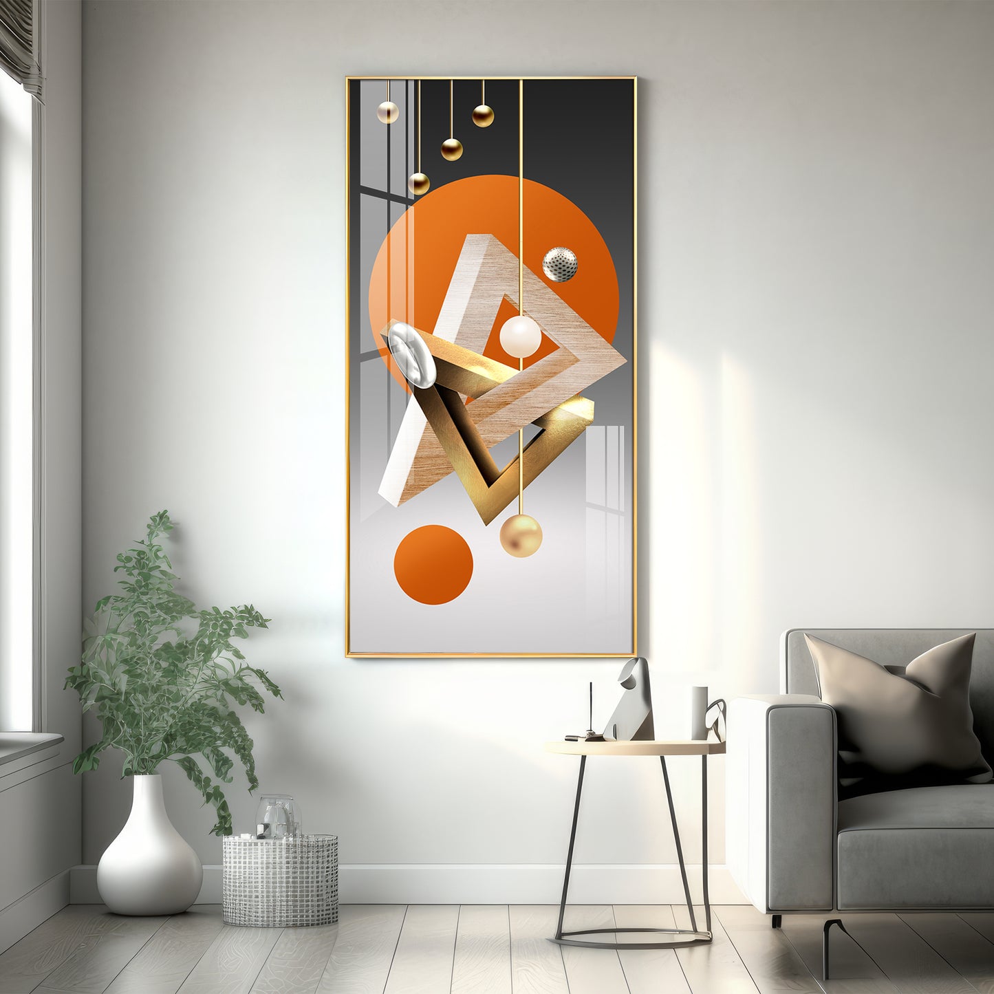 Triangular Geometry Glass Finish Vertical Wall Art