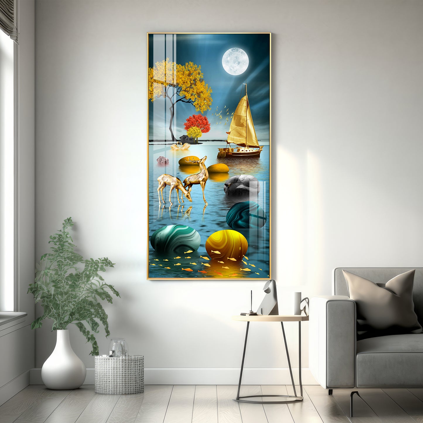 Boat and Deer Glass Finish Vertical Wall Art