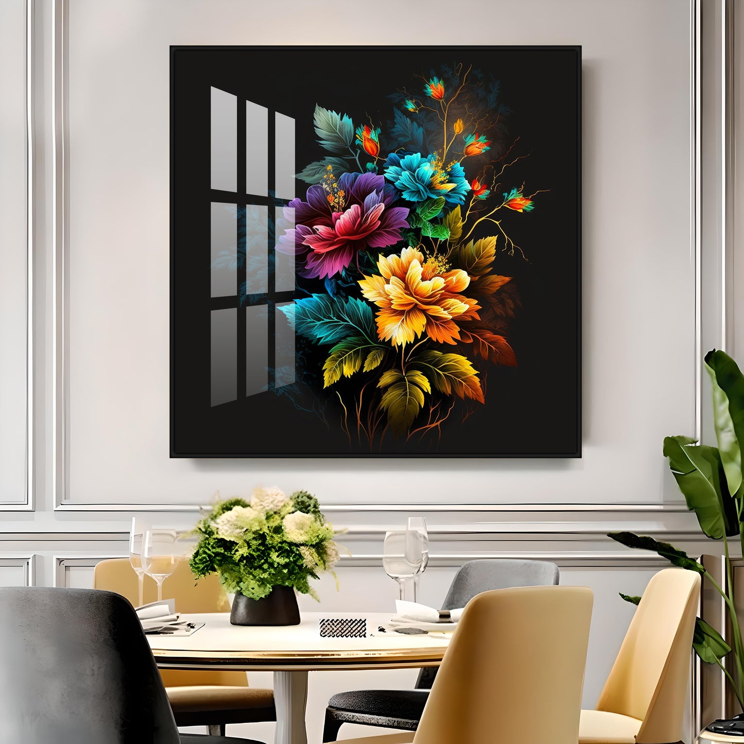 Dark Floral Symphony Glass Finish Square Wall Art