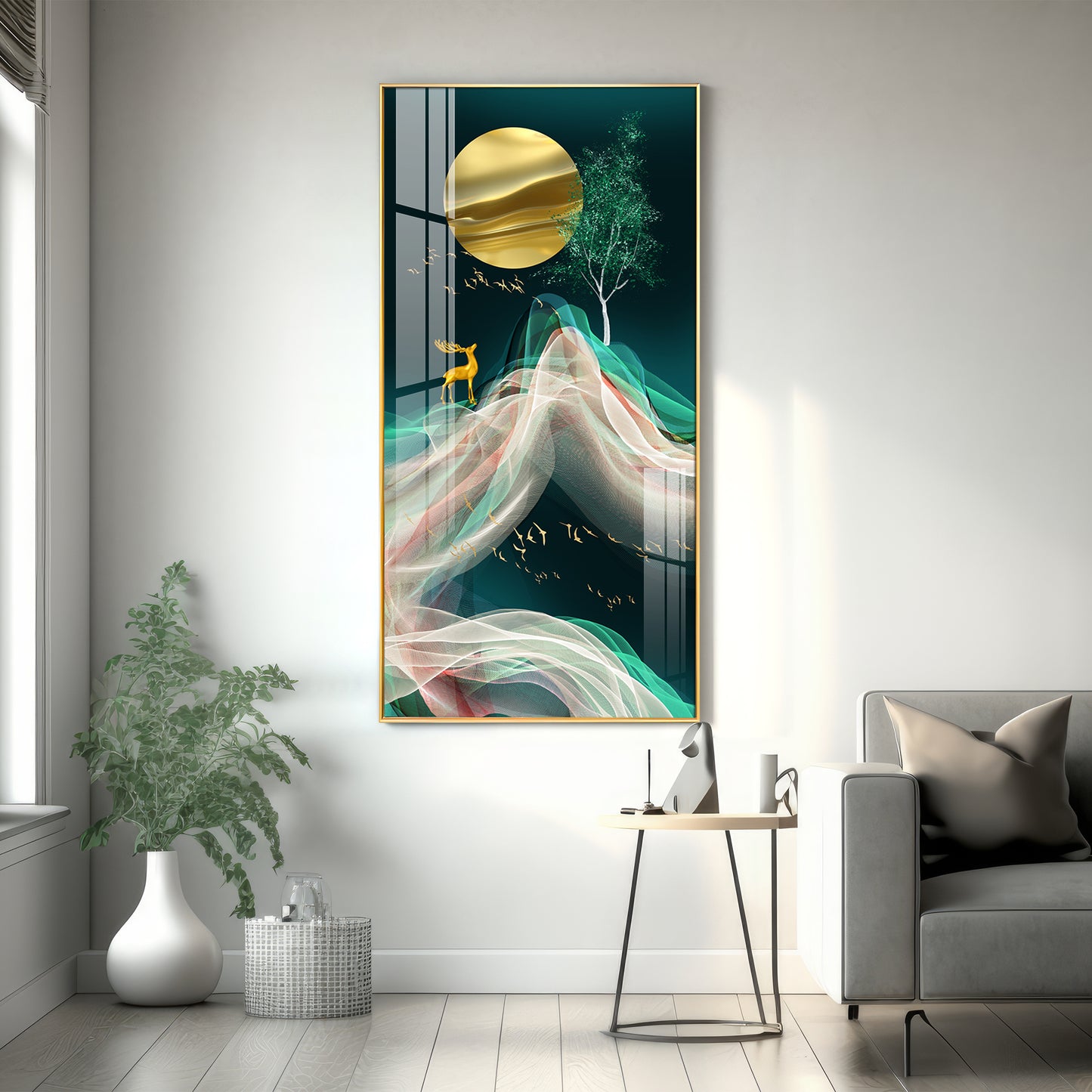 Deer with Golden Moon Glass Finish Vertical Wall Art