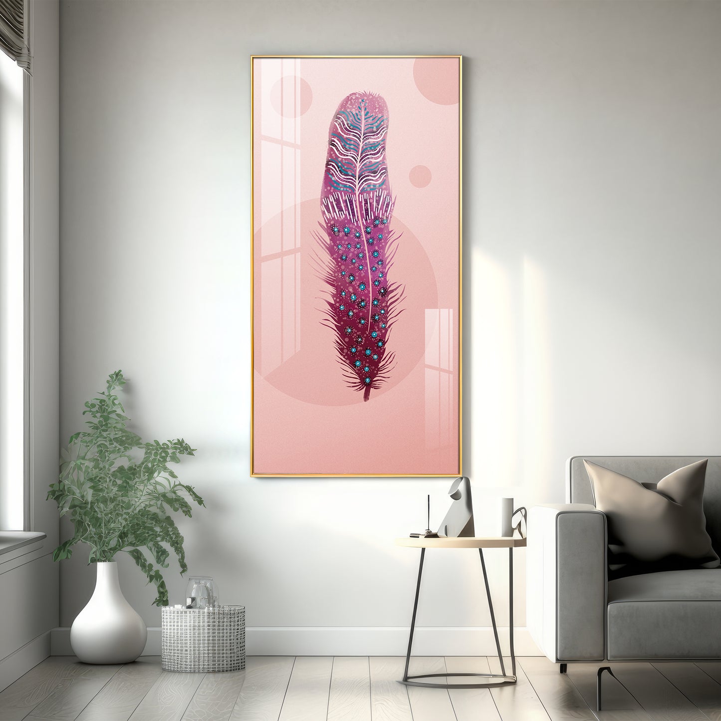 Pink Plume Glass Finish Vertical Wall Art