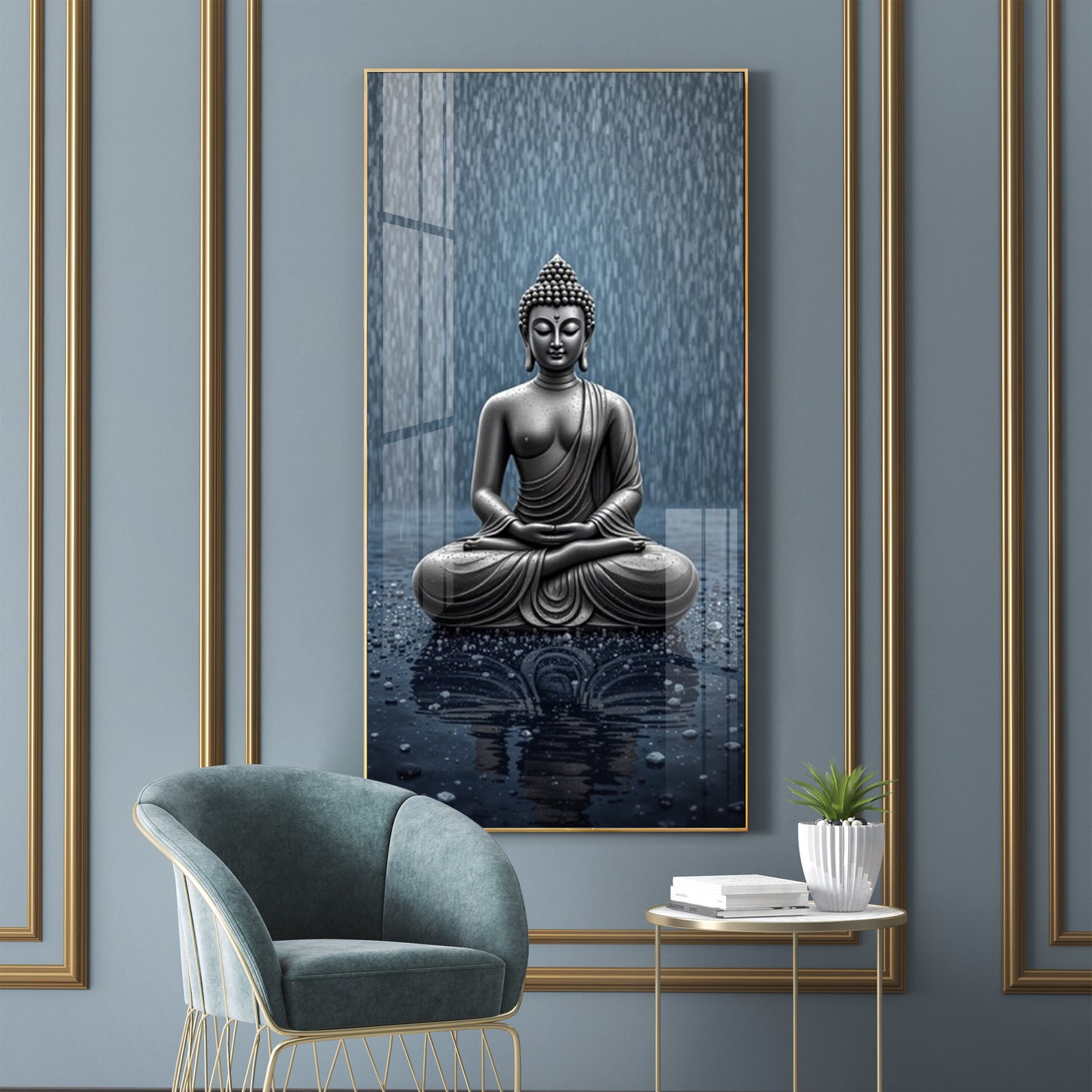 Sacred Budha Meditation Glass Finish Vertical Wall Art