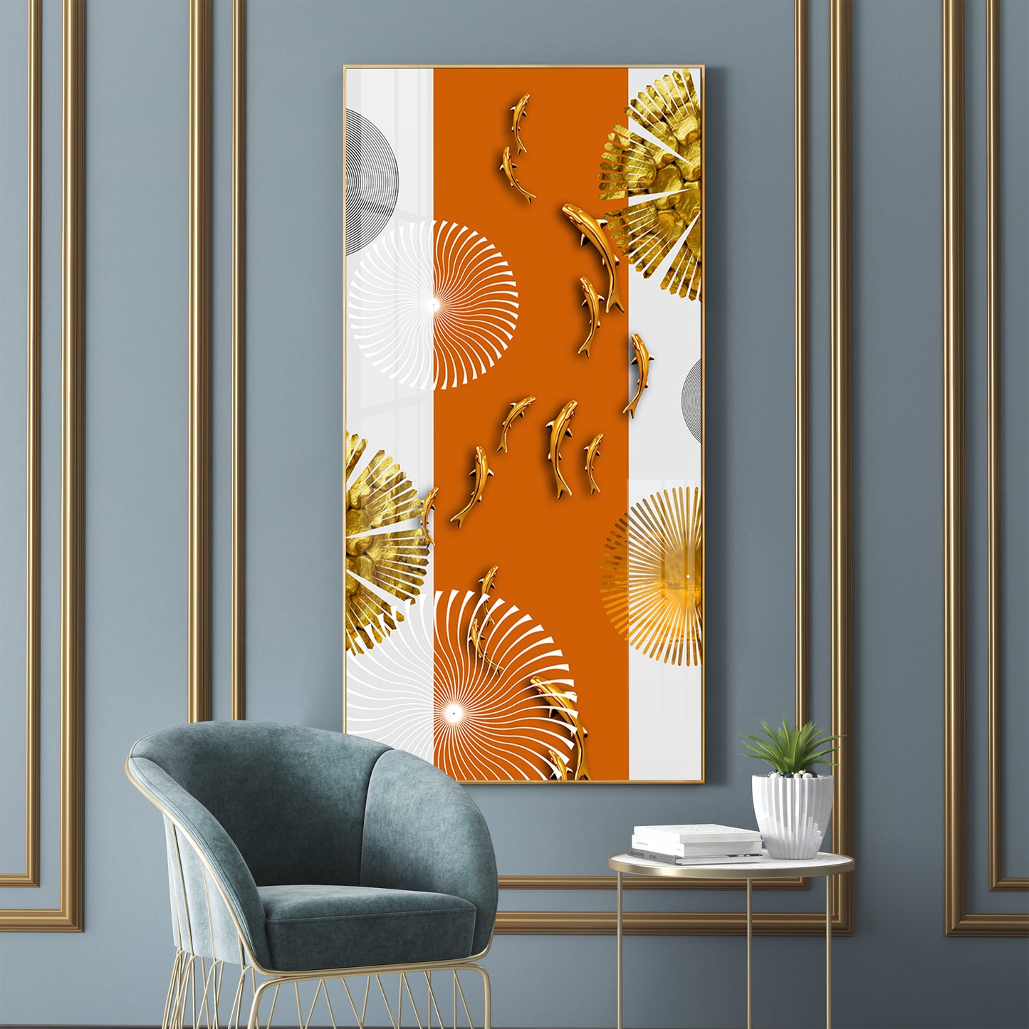 Orange And White Elegance Glass Finish Vertical Wall Art