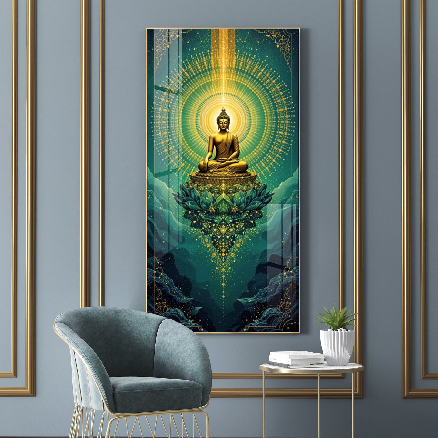 Surreal Energy Of Budha Glass Finish Vertical Wall Art
