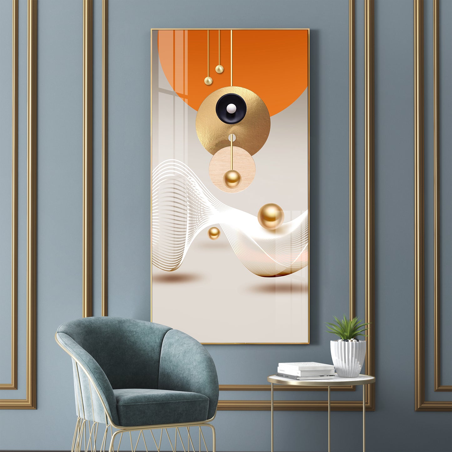 Golden Circle Geometry Glass Finish Vertical Wall Art
