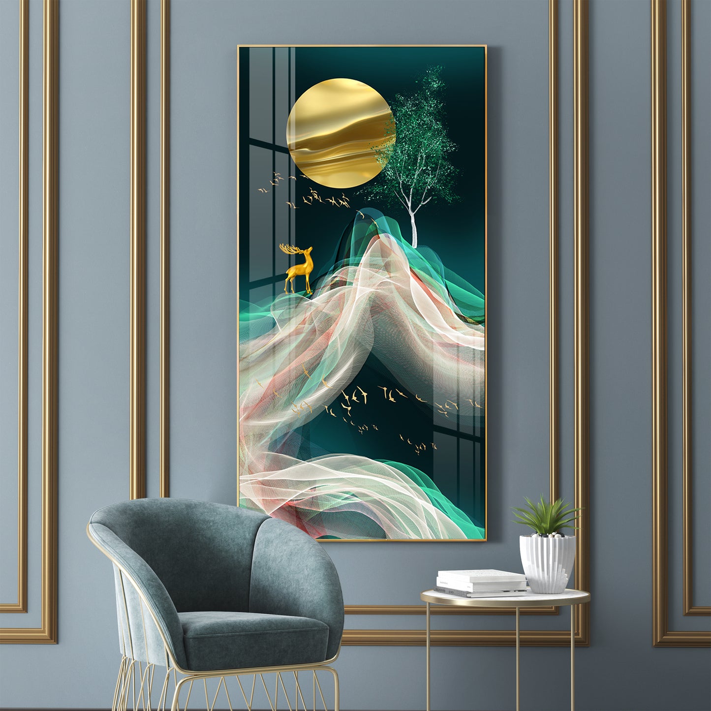 Deer with Golden Moon Glass Finish Vertical Wall Art