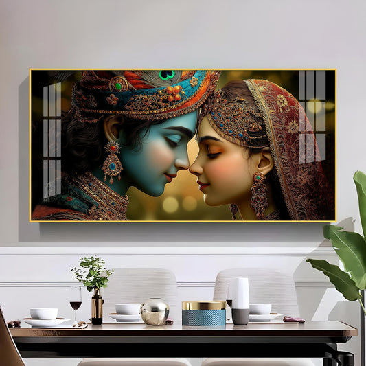 Beauty Couple Radha Krishna Glass Finish Horizontal Wall Art