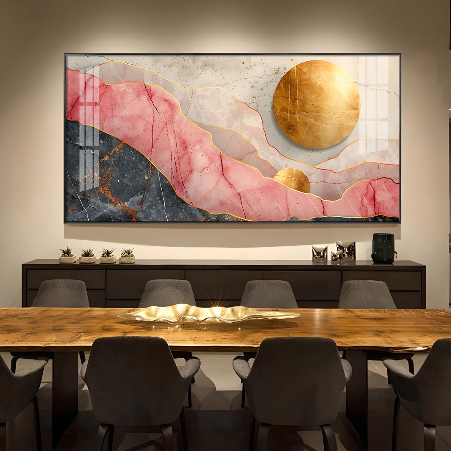 Pink and Gold Marble Stone Texture Glass Finish Horizontal Wall Art