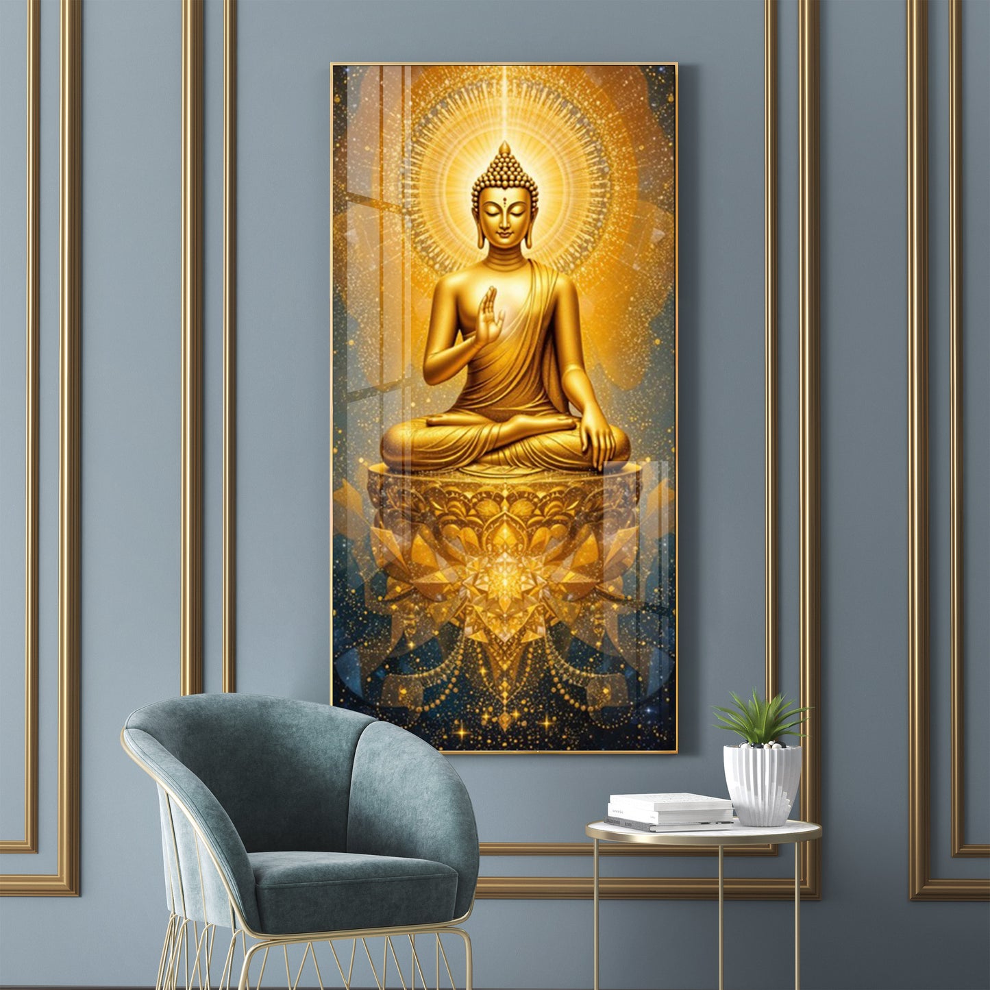 Golden Budha's Aura Glass Finish Vertical Wall Art