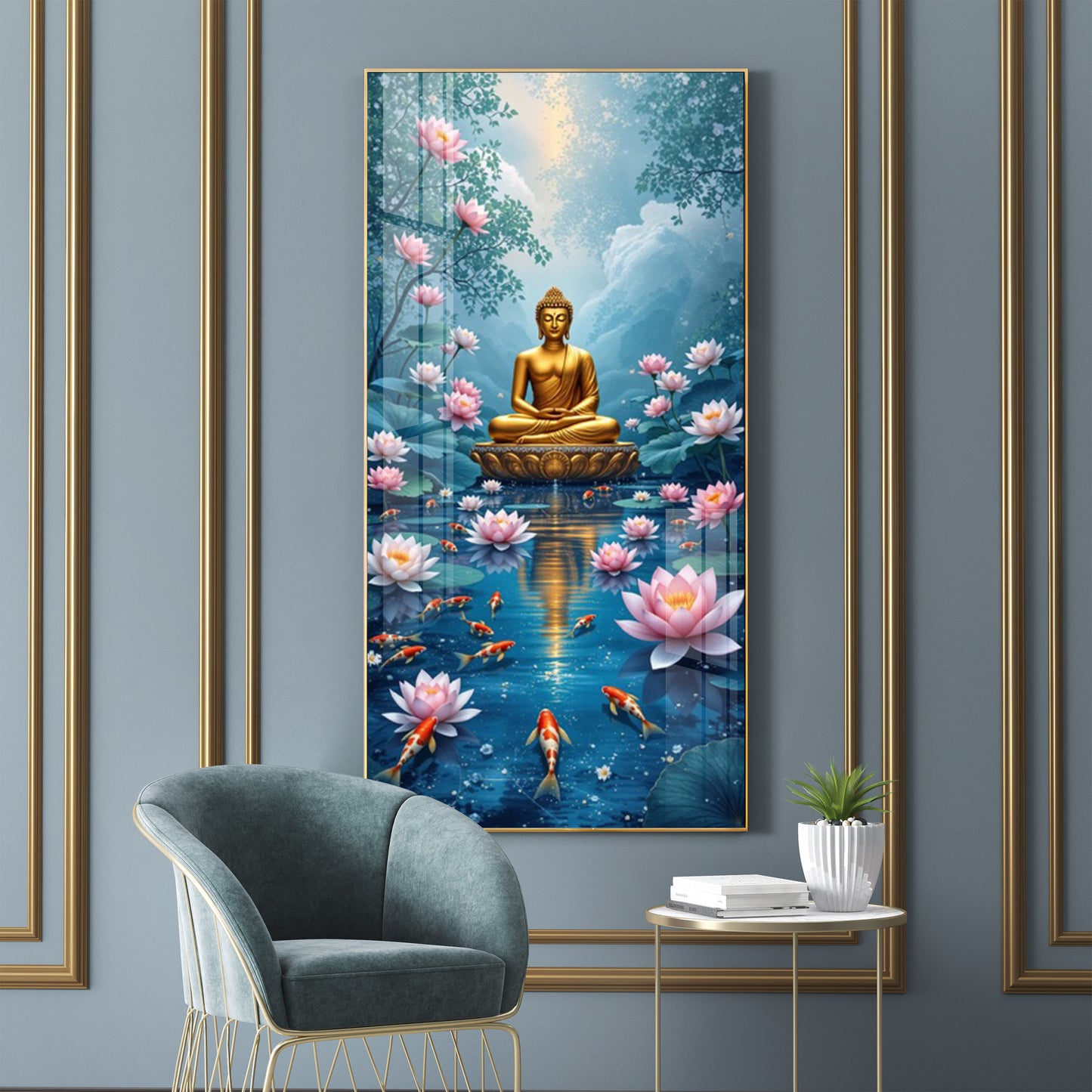 Meditating Budha With Lotus Glass Finish Vertical Wall Art