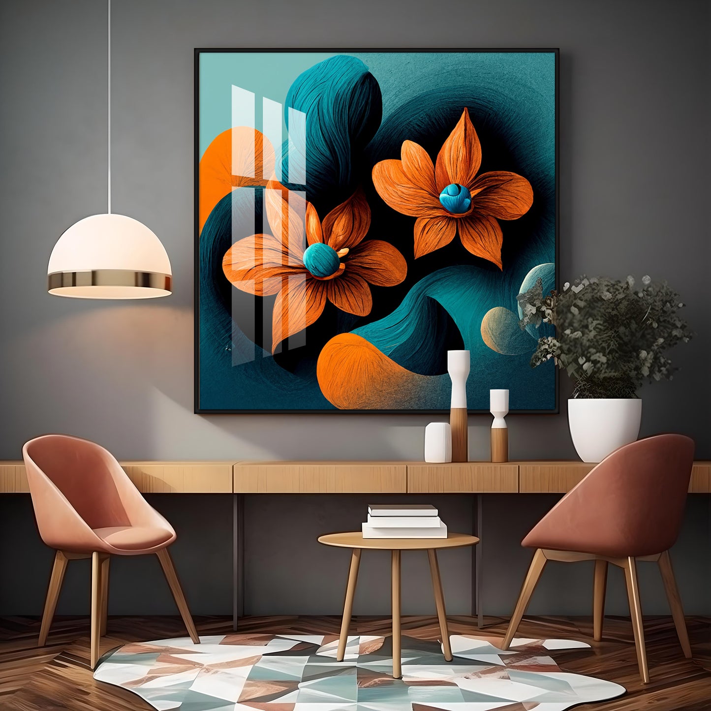 Orange and Blue Blossom Fusion Glass Finish Square Wall Art