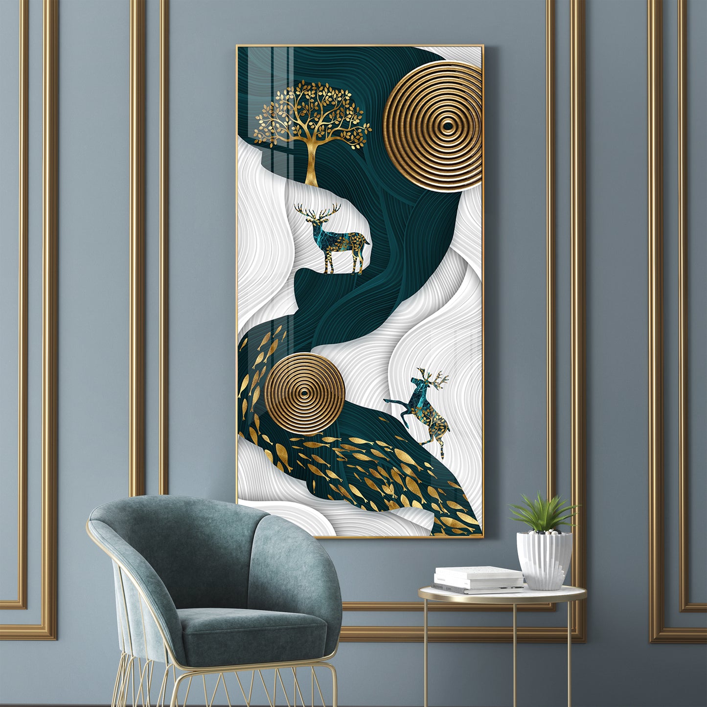 Deer and Tree Glass Finish Vertical Wall Art