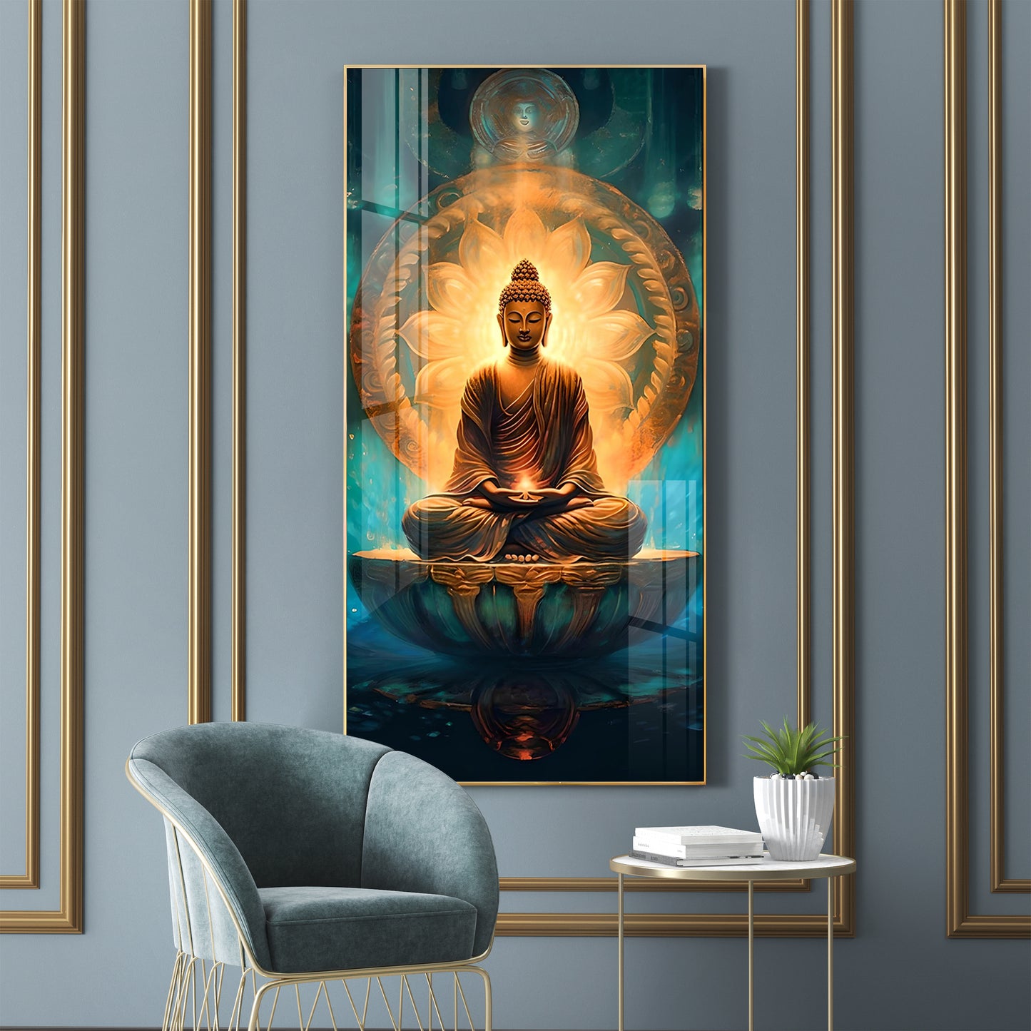 Buddha's Peaceful Retreat Glass Finish Vertical Wall Art