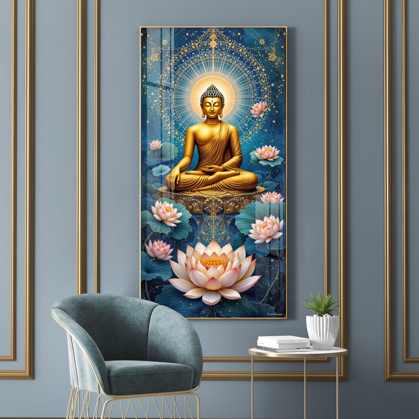 Meditating Buddha With White Lotus Glass Finish Vertical Wall Art