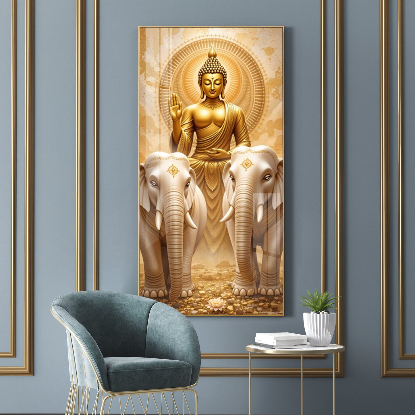 Meditating Budha With Alpha Elephant Glass Finish Vertical Wall Art