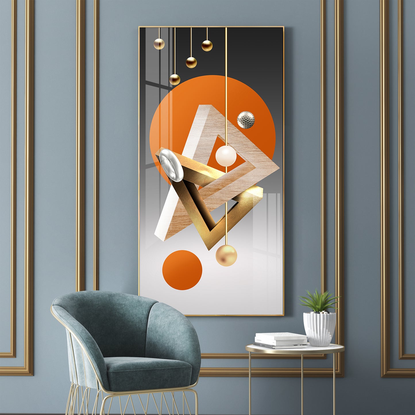 Triangular Geometry Glass Finish Vertical Wall Art