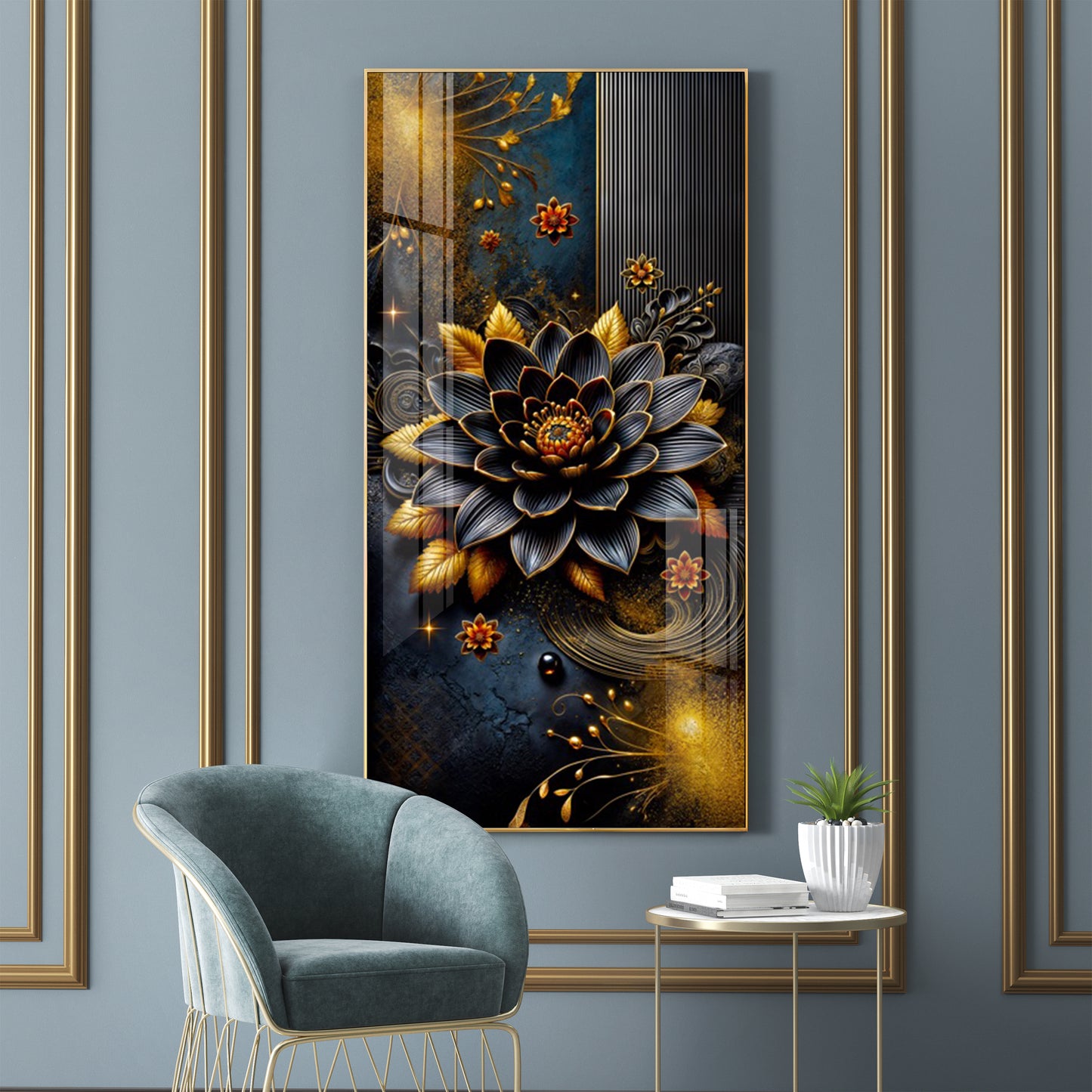 Surreal Black Flower Glass Finish Vertical Wall Art
