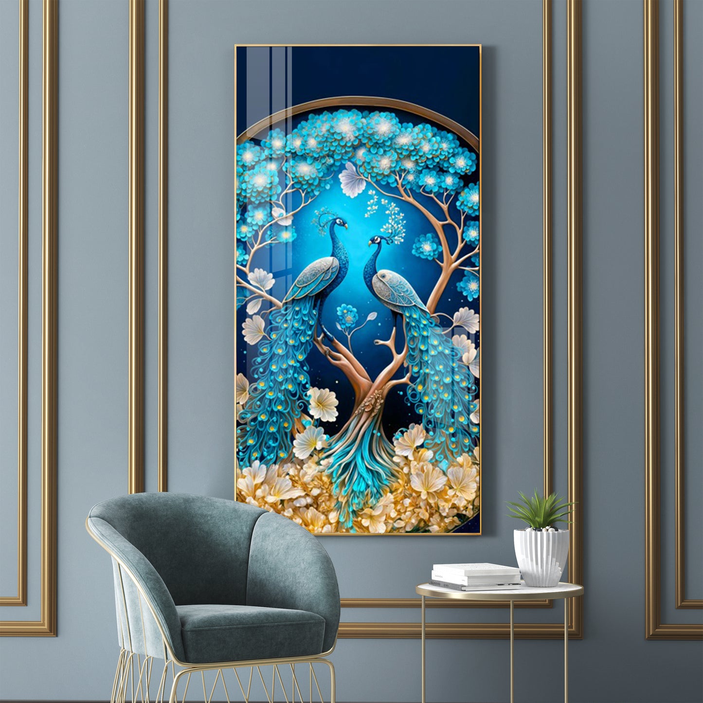 Peacock On Tree Branch Glass Finish Vertical Wall Art