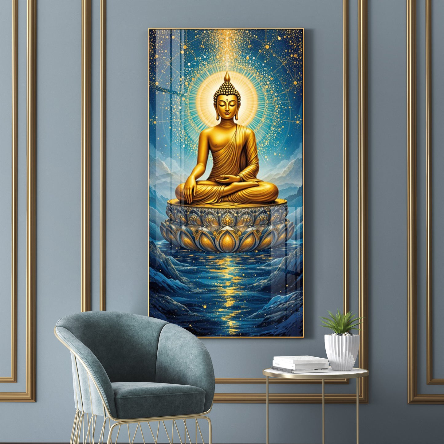 Calm Buddha In River Glass Finish Vertical Wall Art